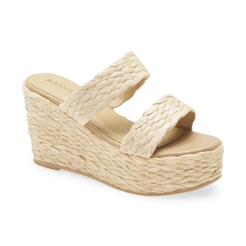 Kaanas Tenerife Wedge Sandal Beige Raffia Size 9 Medium NWT